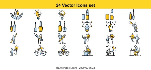 A diverse set of 24 high-quality vector icons representing various concepts including ideas, creativity, beauty products, and lifestyle activities. Perfect for websites, apps, and presentations.