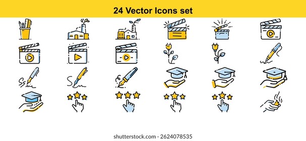A diverse set of 24 high-quality vector icons representing various concepts, including movie production, education, eco-friendly themes, and more. Ideal for websites, apps, and presentations.