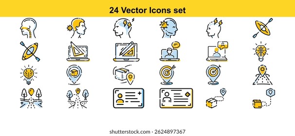 A diverse set of 24 high-quality vector icons covering various concepts, including brainstorming, navigation, target achievement, and health. Ideal for websites, apps, and presentations.