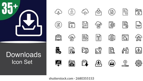 Um conjunto diverso de ícones 35 plus que representam várias ações de download, transferência de dados, armazenamento em nuvem e gerenciamento de arquivos para interfaces Web e de aplicativos.