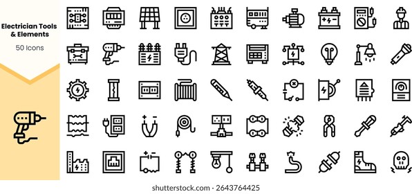 A diverse set of 50 electrician tools and elements icons, including drills, light bulbs, wires, and more, displayed in a cohesive black line art style.