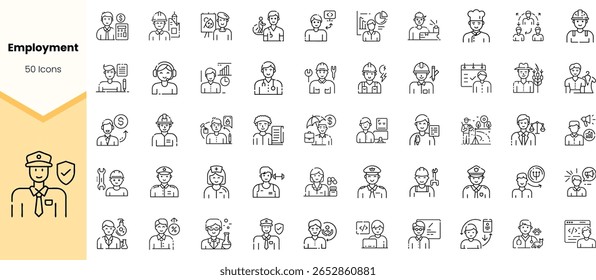 A diverse set of 50 employment-related icons featuring various professions, including healthcare, education, culinary, and law enforcement, in a minimalistic design.