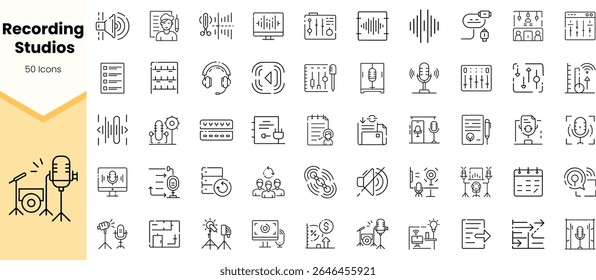 Um conjunto diversificado de 50 ícones representando estúdios de gravação, com microfones, ondas de som e equipamentos de áudio em um design minimalista.