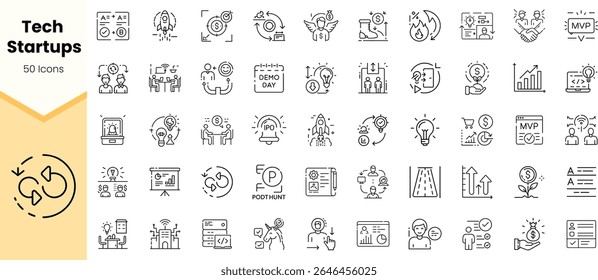Un conjunto diverso de 50 iconos que representan startups tecnológicas, con ilustraciones de innovación, trabajo en equipo, presentaciones y métricas de crecimiento en un estilo minimalista.