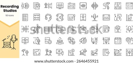 A diverse set of 50 icons representing recording studios, featuring microphones, sound waves, and audio equipment in a minimalist design.