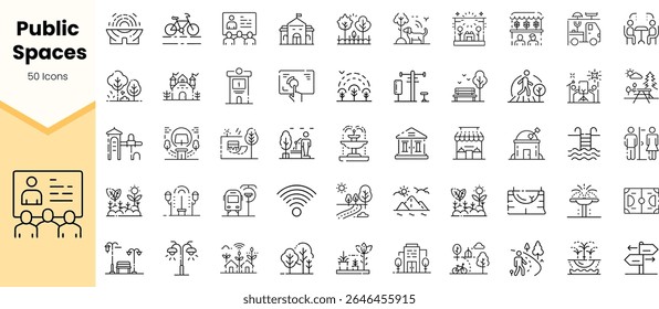 A diverse set of 50 minimalist icons representing public spaces, including parks, transportation, and recreational areas, designed for modern digital use.