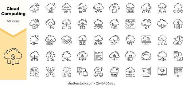 A diverse set of 50 minimalistic cloud computing icons depicting various concepts related to API, data storage, and cloud services in a clean design.