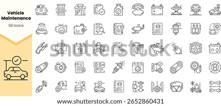 A diverse set of 50 outline icons representing various aspects of vehicle maintenance, including tools, diagnostics, and servicing procedures, ideal for automotive themes.