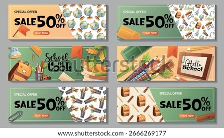 Diverse set of 6 vector banners with SALE text and educational icons. Great for fall marketing and school campaign materials.

