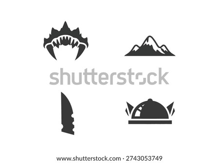 Diverse set of abstract symbols including monster fangs, a mountain, a knife, and a serving dish with a cloche.