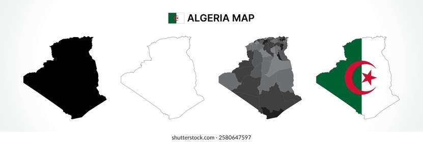 A diverse set of Algeria maps, including a black silhouette, detailed outline, political division map, and a flag-themed version, ideal for educational and design purposes
