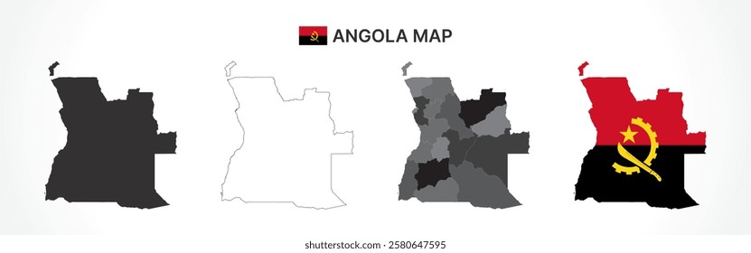 A diverse set of Angola maps, including a black silhouette, detailed outline, political division map, and a flag-themed version, ideal for educational and design purposes