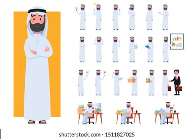 Diverse set of Arab man on white background. Muslim businessman with gadgets in flat design people characters.