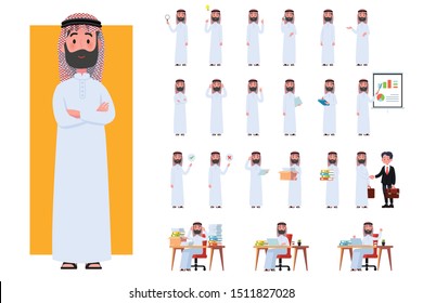 Diverse set of Arab man on white background. Muslim businessman with gadgets in flat design people characters.