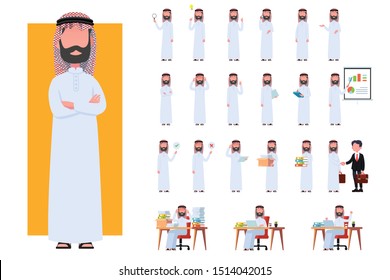 Diverse set of Arab man on white background. Muslim businessman with gadgets in flat design people characters.