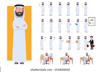 Diverse set of Arab man on white background. Muslim businessman with gadgets in flat design people characters.