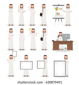 Diverse set of Arab man on white background. Muslim businessman with gadgets in flat design people characters.