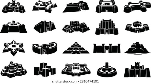 A diverse set of architectural silhouettes featuring various styles of forts, star forts, and medieval castles. These icons are perfect for historical illustrations, strategic game design, and creative branding projects.
