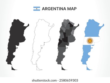 A diverse set of Argentina maps, including a black silhouette, detailed outline, political division map, and a flag-themed version, ideal for educational and design purposes