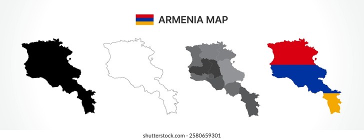 A diverse set of Armenia maps, including a black silhouette, detailed outline, political division map, and a flag-themed version, ideal for educational and design purposes