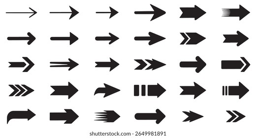 Conjunto diverso de flechas que apuntan a la derecha con Diseños variados Una variedad de indicadores direccionales para la comunicación visual