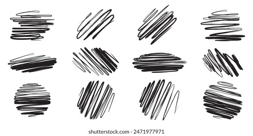 A diverse set of artistic doodles featuring circular, oval, and spiral shapes in black colors. Ideal for use in graphic design, scrapbooking, digital art, and educational materials to add a whims