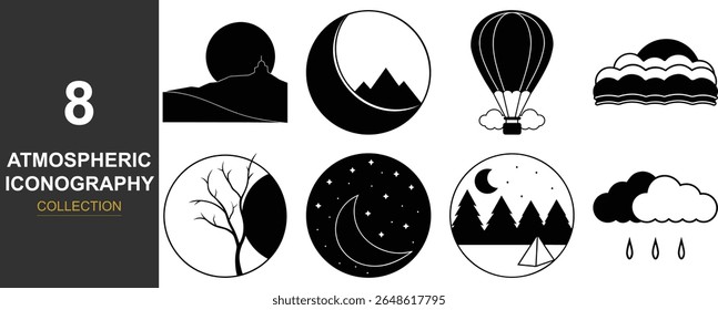 A diverse set of atmospheric icons rendered in a clean silhouette style. This collection features various weather and environmental elements, perfect for modern design applications.