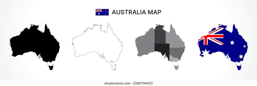 A diverse set of Australia maps, including a black silhouette, detailed outline, political division map with states and territories, and a flag-themed version, ideal for educational