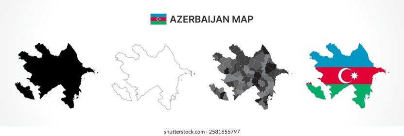 A diverse set of Azerbaijan maps, including a black silhouette, detailed outline, political division map, and a flag-themed version, ideal for educational and design purposes