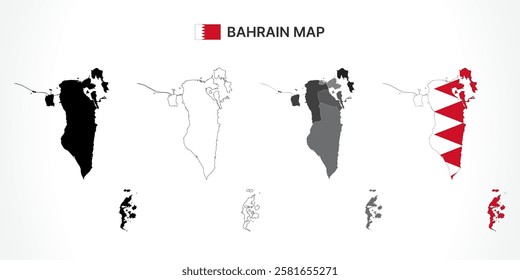 A diverse set of Bahrain maps, including a black silhouette, detailed outline, political division map with governorates, and a flag-themed version, ideal for educational and design purposes