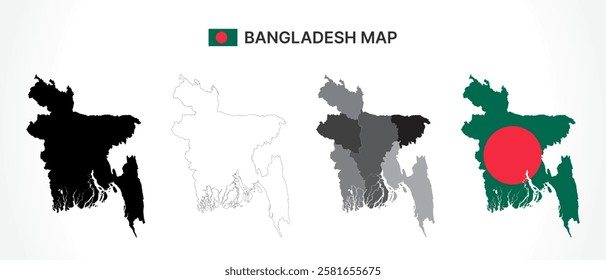 A diverse set of Bangladesh maps, including a black silhouette, detailed outline, political division map with administrative regions, and a flag-themed version, ideal for educational and design