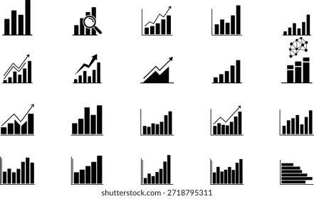 A diverse set of bar graph icons in different styles and formats for data visualization and presentation purposes