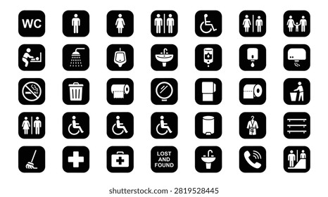 Diverse set of bathroom and restroom vector icons on black squares. This collection includes symbols for WC, male, female, and unisex facilities, accessible toilets, baby changing, showers, urinals, and washbasins. Also features a soap dispenser, hand dryer, no smoking, and trash can signs.