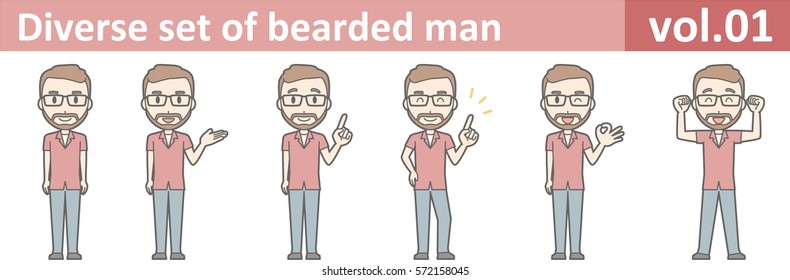 Diverse set of bearded man, EPS10 vol.01 (Illustration of beard man who wears red shirt)