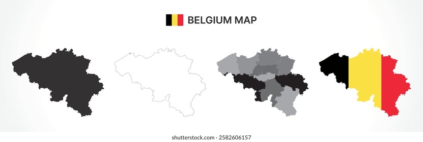 A diverse set of Belgium maps, including a black silhouette, detailed outline, political division map with provinces, and a flag-themed version, ideal for educational and design purposes