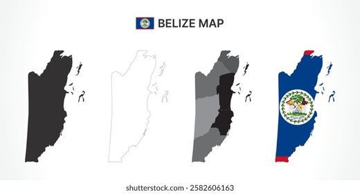 A diverse set of Belize maps, including a black silhouette, detailed outline, political division map with districts, and a flag-themed version, ideal for educational and design purposes