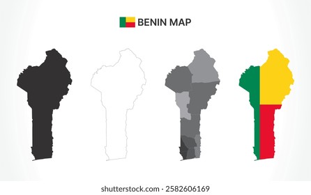 A diverse set of Benin maps, including a black silhouette, detailed outline, political division map with departments, and a flag-themed version, ideal for educational and design purposes