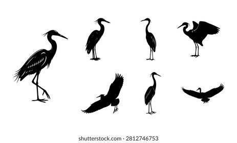 A diverse set of bird silhouettes including herons, eagles, and cranes, ideal for artistic projects, educational materials, and creative designs.
