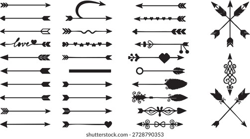 Ein vielfältiger Satz schwarzer Pfeile und Pfeilspitzen auf weißem Hintergrund für den Einsatz in Design-, Illustrations- und Grafikprojekten.