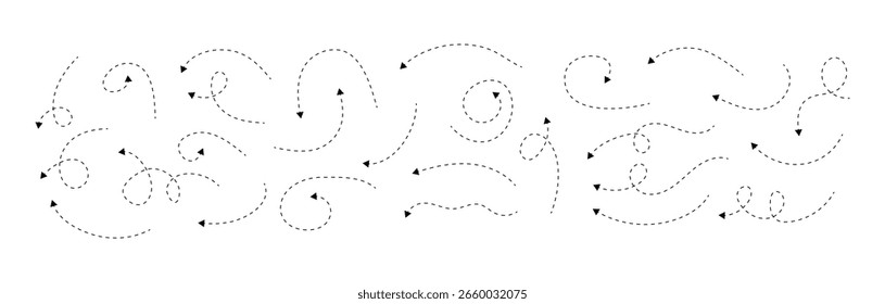 Un conjunto diverso de flechas de línea discontinuas negras, que muestran varios caminos curvos, espirales y ondulados, ideales para la navegación o los Elementos de diseño.