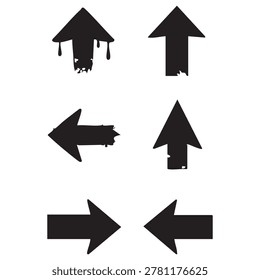 Diverse set of black distressed arrows with unique grunge textures and imperfect edges. Urban style elements for graphic design projects.
