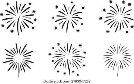 A diverse set of black firework illustrations featuring starbursts and small star accents for celebratory design and holiday projects.