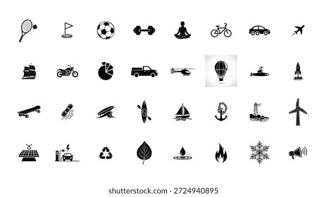 Un conjunto diverso de iconos negros que representan varios aspectos de la vida moderna, desde la tecnología y el transporte hasta los deportes y la naturaleza. Ideal para usar en presentaciones, Sitios web y materiales de marketing para agregar interés visual y transmitir diferentes temas.