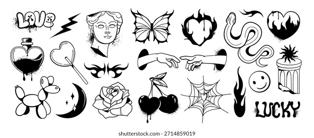 Diverso conjunto de Elementos garabatos de tinta negra que incluyen símbolos, objetos y caras en estilo tatuaje sobre fondo blanco. Ilustración vectorial