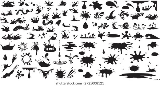 Un conjunto diverso de salpicaduras de tinta negra, salpicaduras de agua, goteos y ondas, perfecto para Elementos de Diseño gráfico.