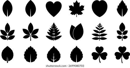 Conjunto diverso de siluetas de hojas negras naturaleza, corazón, arce, helecho y Formas de trébol para logotipos botánicos, íconos y Elementos de Vector