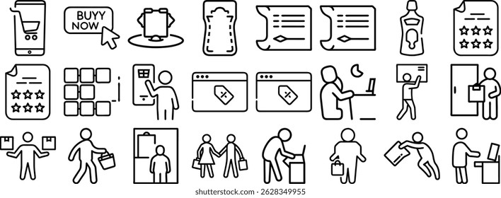 A diverse set of black line icon illustrations featuring ecommerce online shopping and customer service concepts.