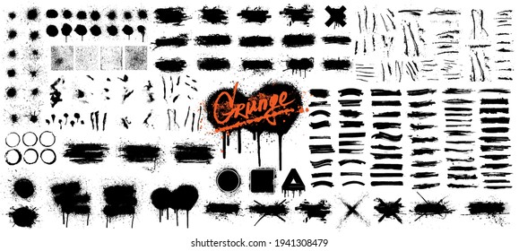 Diverse set of black paint - ink brush strokes, brushes, lines, spray, ink splash , mud and other Dirty artistic design elements. Spray graffiti stencil template ink brush strokes, lines. Vector set