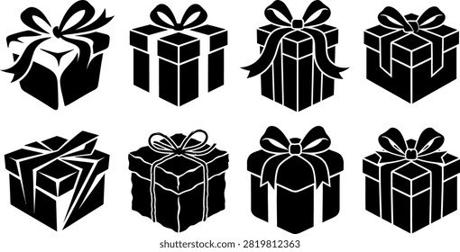 A diverse set of black silhouette gift box icons featuring unique ribbon bows and wrapping styles, ideal for digital graphics and holiday promotions.