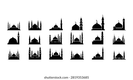 A diverse set of black silhouette images showcasing renowned architectural landmarks from around the world.
